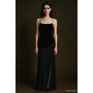 VTG Frederick's Womens Dress Size S Black Velvet Beaded Lace Maxi Y2K Whimsigoth